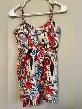 Red Floral Spaghetti-Strap Romper with Multicolor Print